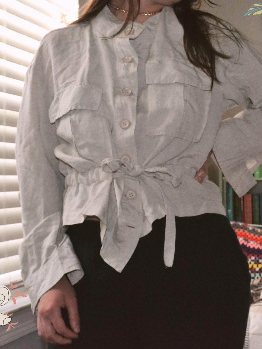 Women's Linen-Blend Button-Down Tie-Waist Shirt Jacket - White